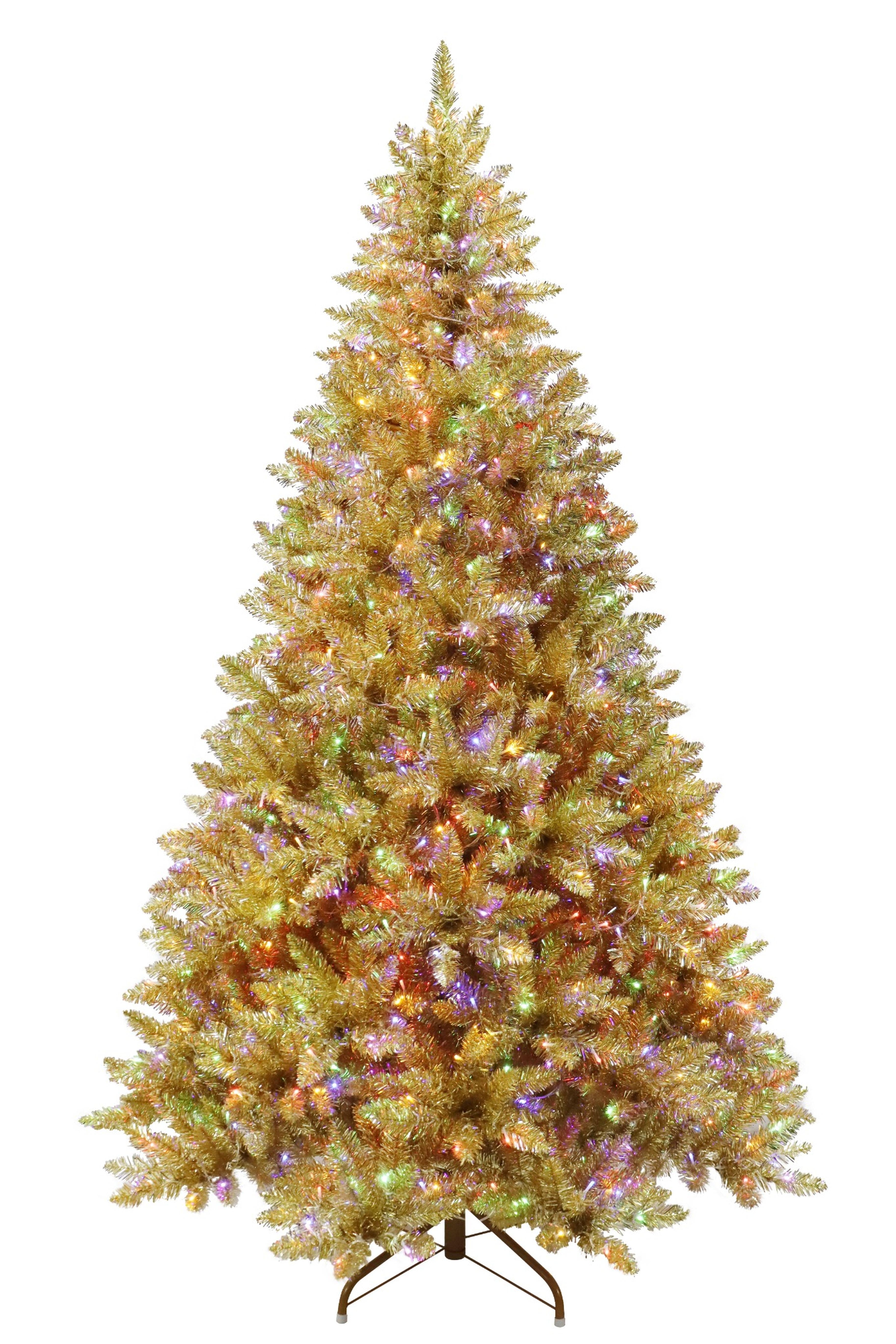 Puleo International 7.5ft Pre-Lit Evergreen Spruce Shiny Gold Champagne Tree with Dual Color LED Lights, Functions, Foot Pedal, Remote Control, and Quick Connect Pole